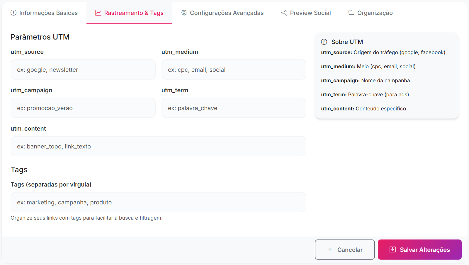 Tela de configuração de UTM
